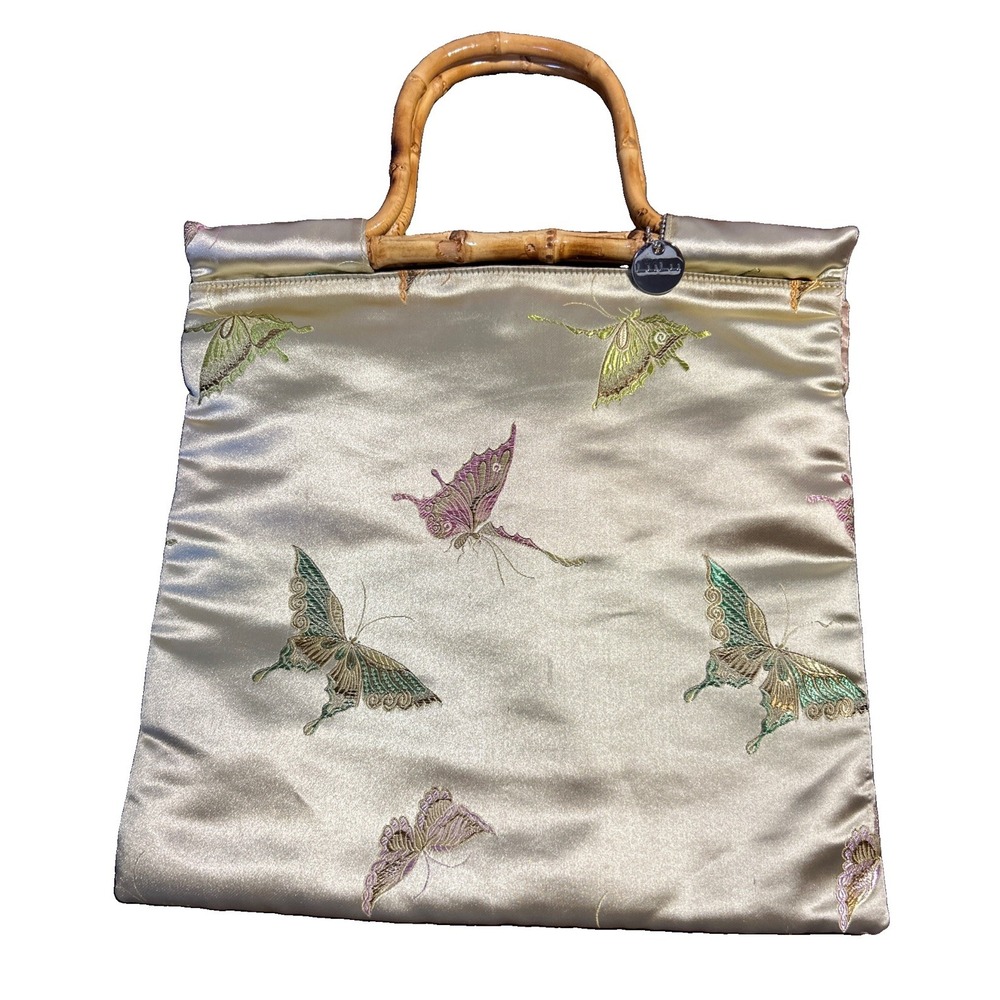 LuLu Evening Bag Purse Bamboo Handles Gold with  Embroidered Butterflies